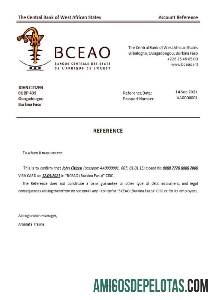 Burkina Faso Referência de encerramento do Banco Central dos Estados da África Ocidental modelo